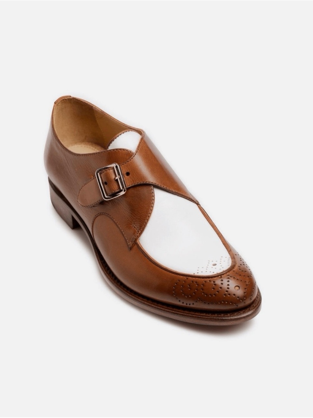 THE OFFICE OF ANGELA SCOTT Mr. Georgie White & Cognac Leather Women's Oxfords
